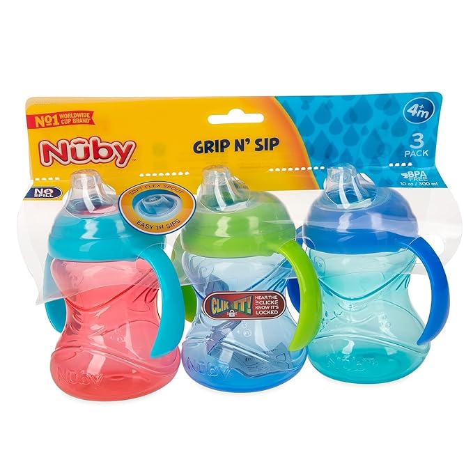 Nuby Clik-It Grip N' Sip Soft Spout No-Spill Training Sippy Cup with Handles - (3-Pack) 10 oz - 4+ Months - Blue/Green/Red