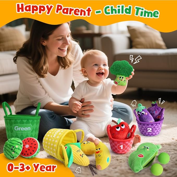 My First Fruit Vegetable Basket, 10 PCS Play Food for Toddler with Sorting Basket, Shapes Sensory Bean Bags, Baby Sensory Toys, Sorting Matching Playset, Soft Plush Stuffed Toys with Crinkle, Rattle