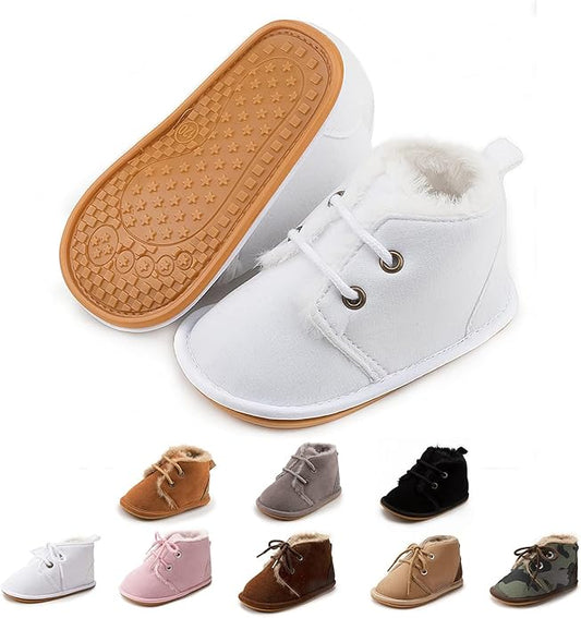 Baby Unisex Warm Snow Boots Newborn Leather Fur Lace Up Ankle Anti-Slip Rubber Texture Sole Toddler Prewalker Winter Crib Shoes