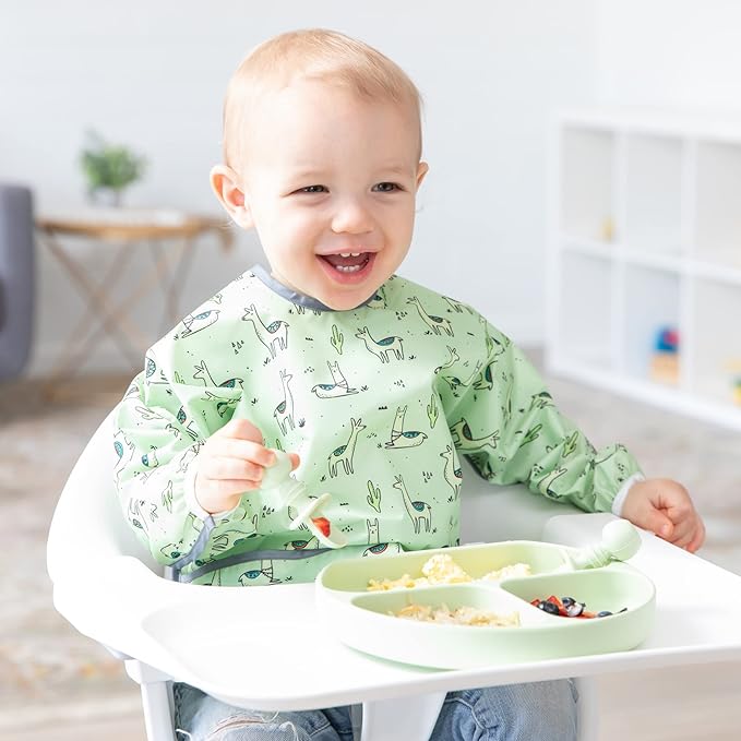 Bumkins - Sleeved Bib - For Boys & Girls, Babies & Toddlers 6-24 Months - Lightweight, Durable, Waterproof - Long Sleeve Bib - Catch-All Pocket - Wipeable & Machine Washable - Cactus & Llama - 2 Pack