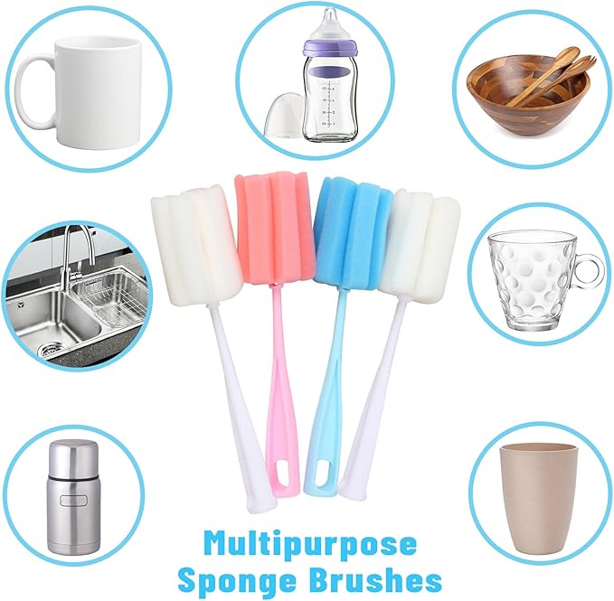 8PCS Bottle Brush Sponge Nipple Brushes Long Handle Cup Cleaner Brush for Baby Bottle Glasswares Mugs Cups Kitchen Clean (4 Bottle Brushes + 4 Nipple Brushes)