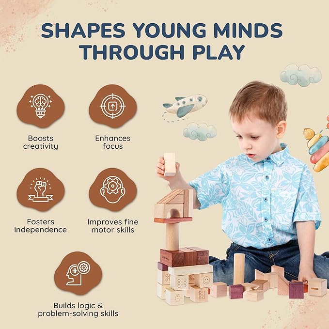 Hexagon Wooden Building Blocks for Toddlers & Kids Ages 3–8 | 86 PCS Montessori Alphabet & Number Set | FSC Beech Wood STEM Toy w/Storage & Learning Guide