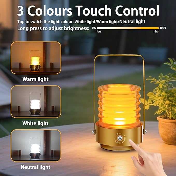 Outdoor Portable Table Lamp, 3 Colors Rechargeable Cordless LED Desk Lamp, Battery Operated Stepless Dimmable Touch Night Light, Small Lamp for Nightstand Bedside Bedroom Bar Camping Patio (Gold)