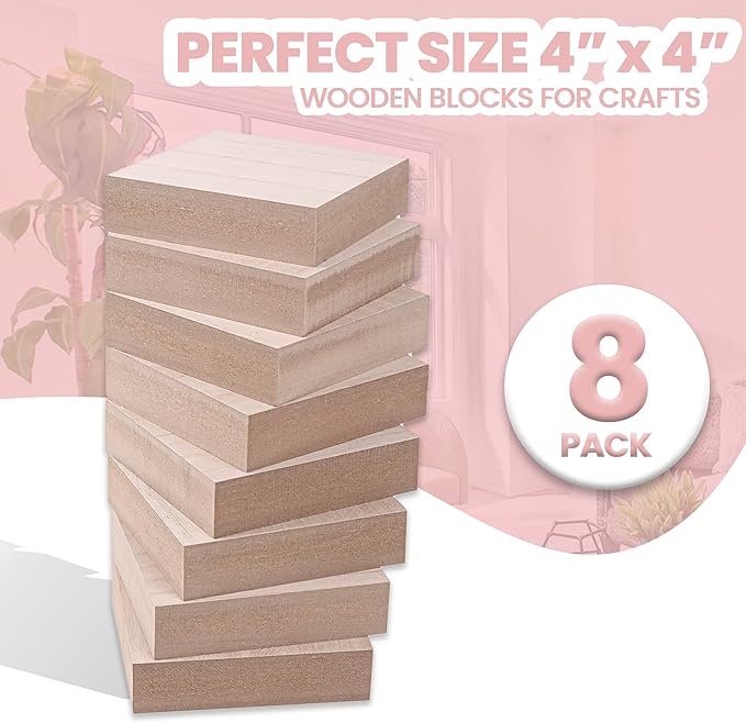 (8-Pack) - 4” x 4” Wooden Blocks for Crafts - 1-Inch Thick Square MDF Blocks - Smooth Surface with Wood Grain Pattern - Highly Customizable Blank Wood Squares