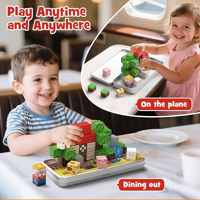 Mini Magnetic Blocks Farm Animals - 35 PCS Travel Magnet Building Blocks for Toddlers - STEM Educational Magnet Toys with Portable Iron Box for Kids Ages 3-8 Years Old Boys & Girls