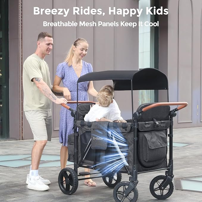 Premium 4-Seater Wagon Stroller for Kids, All-Terrain Heavy Duty Stroller Wagon with 300lb Capacity, 1-Hand Fold, High Seats with 5-Point Harness, Adjustable Canopy & Handlebars, Dark Gray