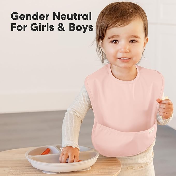 3-Pack Waterproof Baby Bibs for Eating - Lightweight Toddler Feeding Bibs with Large Food Catcher, Mess Proof, Food-Grade Baby Eating Essentials, Easy to Put On & Clean (Fawn)