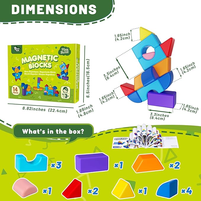 Magnetic Blocks for Toddlers 3-5, Large Magnetic Building Blocks Set, Colorful Stacking Blocks in 7 Fun Shapes, Preschool Learning Kit, Montessori & Sensory Toy for Kids Ages 3+ (14PCS)