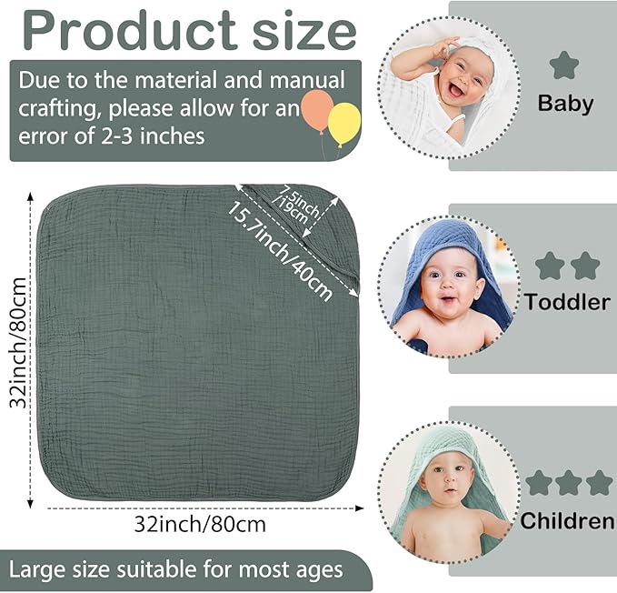 Peryiter 6 Pcs Muslin Hooded Baby Towels, 32"x 32" Cotton Newborn Bath Towel Muslin Infant Baby Blankets Absorbent Unisex Newborn Registry Gift Essentials for Girls Boys (Blue Series)