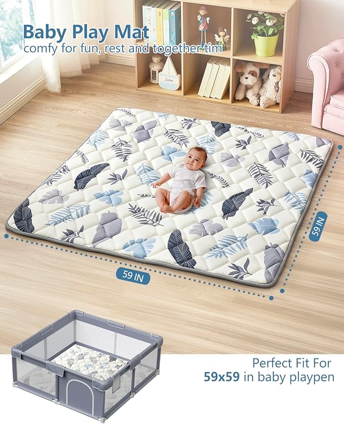 Baby Play Mat, Non-Slip Baby Mat for Floor, Soft Thicker Playpen Mat, Portable Playmat, Crawling Mat for Babies, Toddlers & Infants to Play and Learn（ 59"x59"）