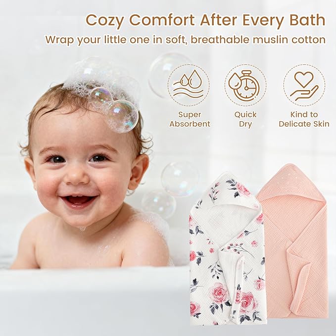 david's kids 2 Pack Hooded Baby Towels, Large 32"x32", 6 Layer 100% Muslin Cotton Absorbent Girl Bath Towel for Newborn, Infant and Toddler. Soft and Breathable Baby Essentials, Pink Floral&Rose