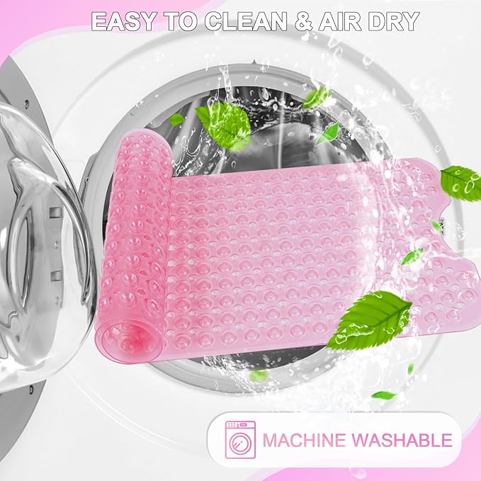Linoows Bathtub and Shower Mats, 40x16 Inch Extra Large Non Slip Soft Bath Tub Mat with Suction Cups and Drain Holes for Bathroom Floor and Keep Tubs Clean, Machine Washable, Clear Pink