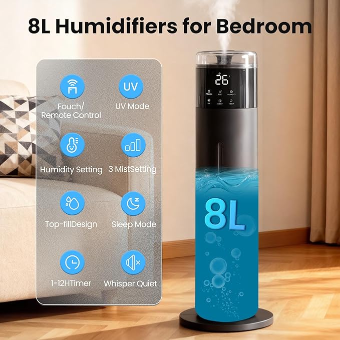 Large Humidifier for Bedroom, 8L/2.1Gal Ultrasonic Cool Mist, Remote control,Easy Clean with 350ML/H Large Mist Speed, Suitable for Kids Room Plant Yoga Study Room Office