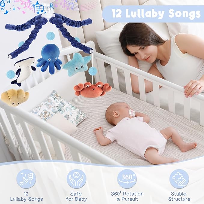 Ocean Crib Mobile for Boys & Girls – Sea Animals Baby Mobile for Crib with Upgraded 3-Mode Music Box, Blue Nursery Mobiles, Fits Standard Cribs
