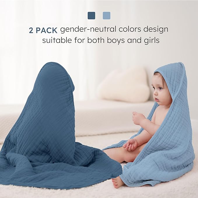 Looxii Baby Bath Towels 2 Pack Muslin Hooded Baby Towels for Newborn and Infants, 100% Cotton, Large 32x32Inch, Soft and Absorbent Gradient Blue