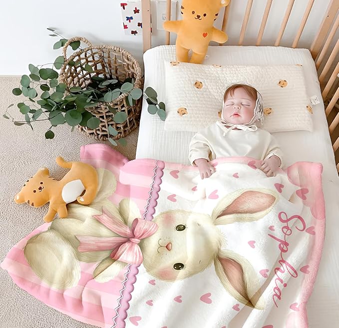 Personalized Baby Blanket for Girls, Custom Baby Blanket with Name, Soft Cozy Personalized Name Blankets for Kids, Customized Rabbit Blanket for Infant Toddler Birthday Christmas