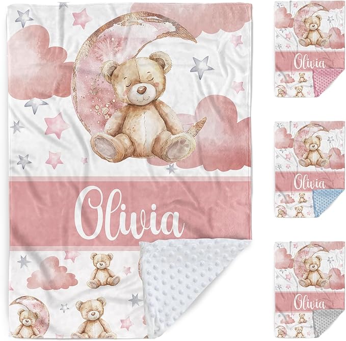 Personalized Baby Blanket – Custom Name Blankets for Newborns Boys Girls, Double Layer Dotted Backing, Pink Bear Flannel Receiving Swaddle, Sweet Custom Baby Gifts for Shower Birthday(30"x40")