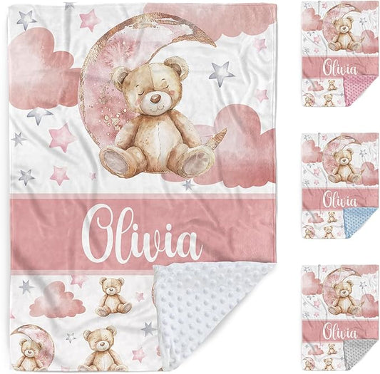 Personalized Baby Blanket – Custom Name Blankets for Newborns Boys Girls, Double Layer Dotted Backing, Pink Bear Flannel Receiving Swaddle, Sweet Custom Baby Gifts for Shower Birthday(60"x80")