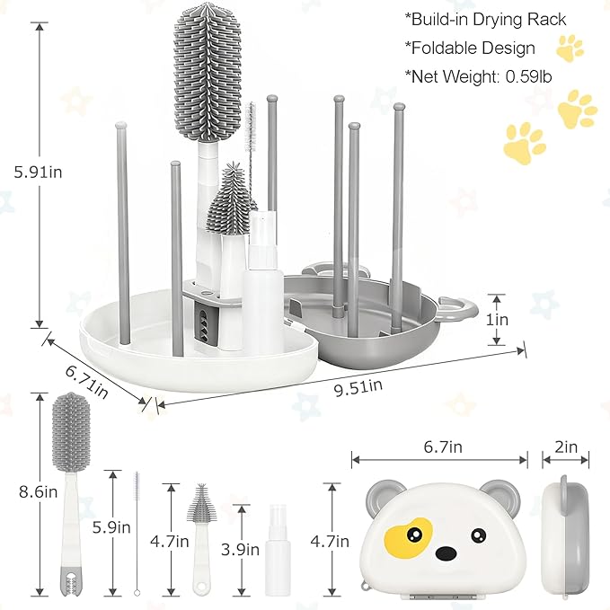 Baby Bottle Brush Set - 7 in1 Travel Bottle Cleaner Kit with Silicone Brush, Nipple Brush, Straw Brush, Bottle Drying Rack, Soap Dispenser, Storage Box, Baby Travel Essential Gift for Parents (Grey)