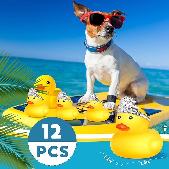 Chivao 12 Pcs Rubber Ducks with 12 Sunglasses/ Hats/ Headwear Small Mini Carnival Cruise Birthday Rubber Duckies Bathtub Toys in Bulk(Duck with Crown,Yellow)