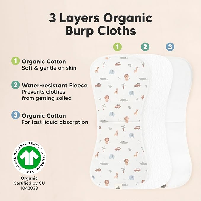 Organic Burp Cloths Baby Boy & Girl - 5-Pack Super Absorbent Cotton Burping Cloths for Babies, Soft & Plush Newborn Spit Up Rags, Infant Towels for Milk Spit Up, Unisex, Large 21" x 10" (Wilderness)