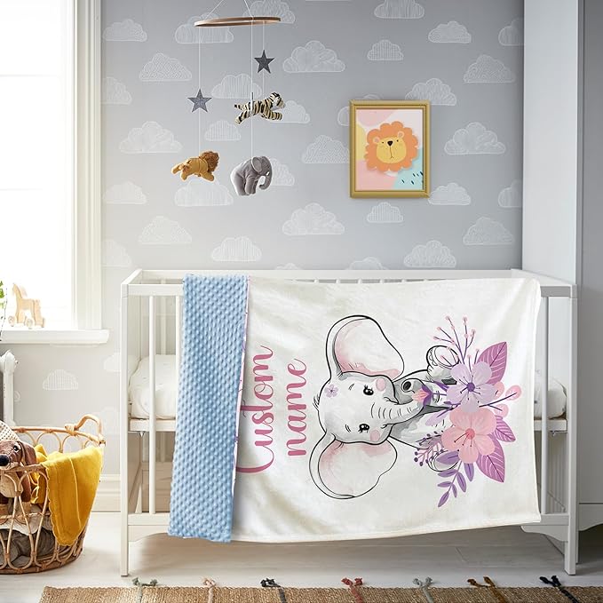 Custom Baby Blanket, Personalized Baby Blankets with Name for Infant Girl Boy, Flannel Double Layer Dotted Backing Receiving Swaddle Blanket, Purple Elephant Toddler Customized Gifts(47"x60")
