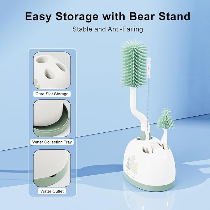 Silicone Bottle Brush Set with Stand, Bottle Cleaning Brush Cleaner Set, Long Handle 3 in 1 Multipurpose Silicone Baby Bottle Straw Cleaner Brush (Sage Green)