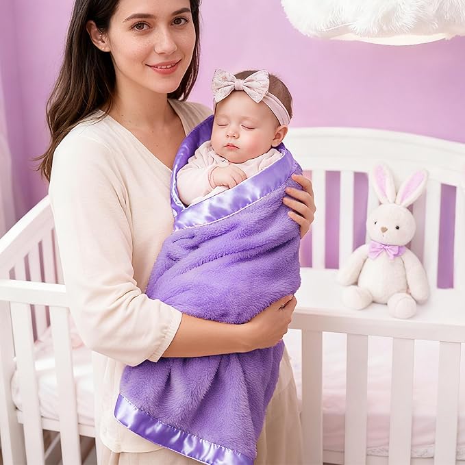 Pro Goleem Fleece Baby Blanket with 2 Inch Satin Trim Soft Plush Blanket for Boys and Girls for Babies Purple 30''x40''