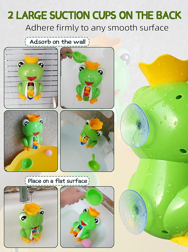 Baby Bath Toy with Suction Cups, Cute Frog Waterfall Bathtub Toy with Spinning Waterwheel, Interactive Toddler Bathtub Toy for Boys and Girls Gifts Ages 1-3
