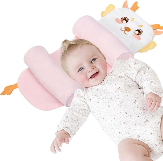 Kariney Baby Pillow, Compariston All-Season Breathable Pillow for Baby Development, Organic Cotton Adjustable Infant Head Cushion (Pink,Dragon)