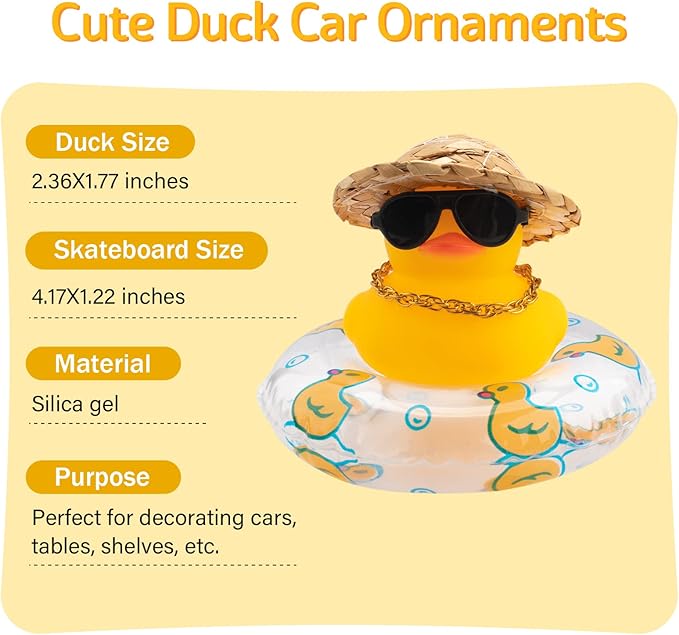 wonuu Car Rubber Duck, Yellow Duck Decoration Dashboard with Sun Hat Swim Ring Necklace Sunglasses for Car Dashboard Decorations (Straw Hat-Transparent)