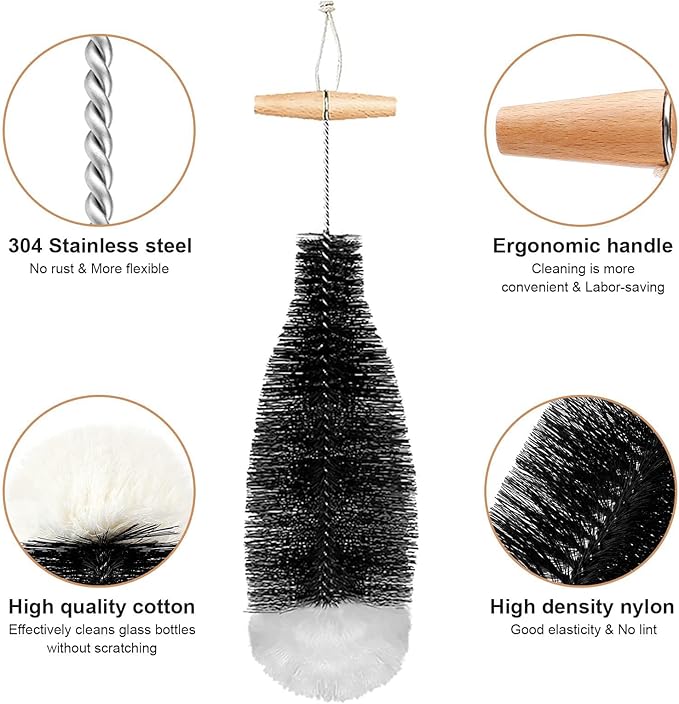 Bottle Cleaning Brush for SodaStream，Nylon Bristles，Wooden Handle，Gentle Anti Scratch，Long Handle Bottle Washer for SodaStream Water Bottles