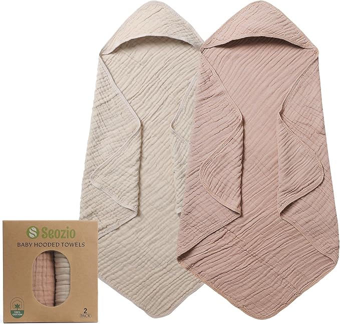 Muslin Hooded Baby Towels, 2 Pack 100% Cotton 32x32Inch Baby Bath Towel with Hood for Babies, Infant, Toddler, Soft and Absorbent Newborn Essential. (Light Bean Paste)
