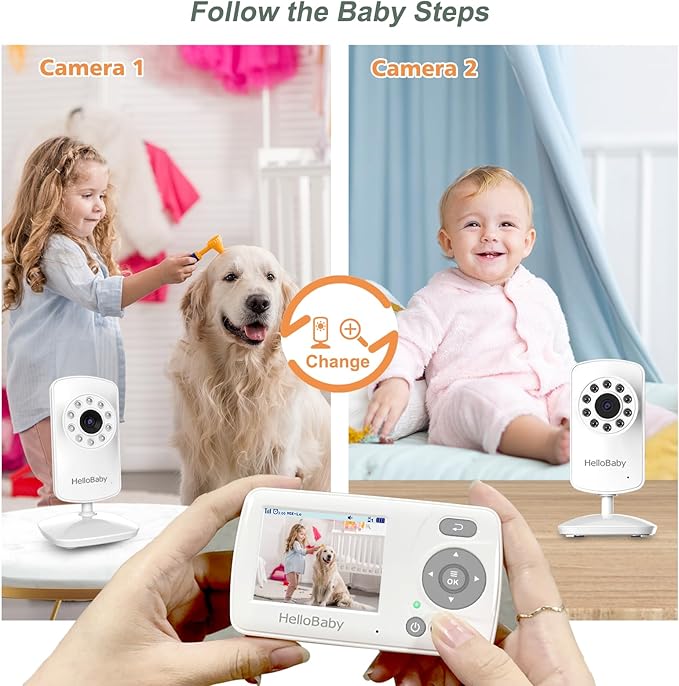 HelloBaby Monitor with 2 Cameras, 2.4'' Portable Travel Screen Baby Monitor No WiFi, 1000ft Long Range Video Baby Monitor, Night Vision, VOX Mode-Power Saving, Baby Safety Camera,for Baby/Pet/Elder