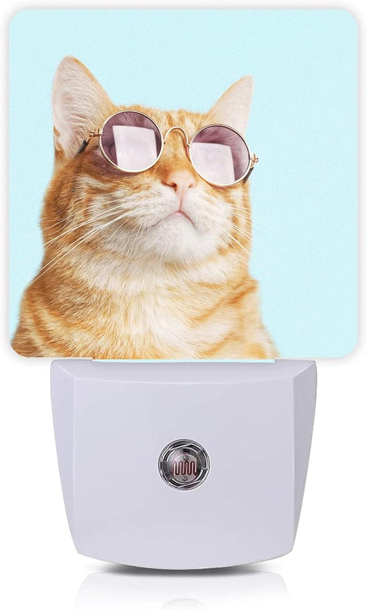 Glasses Cat Night Light Plug-in LED Nightlights Auto Sensor Night Lamp Dusk-to-Dawn Lamp Home Decor for Nursery Children Girls Boys