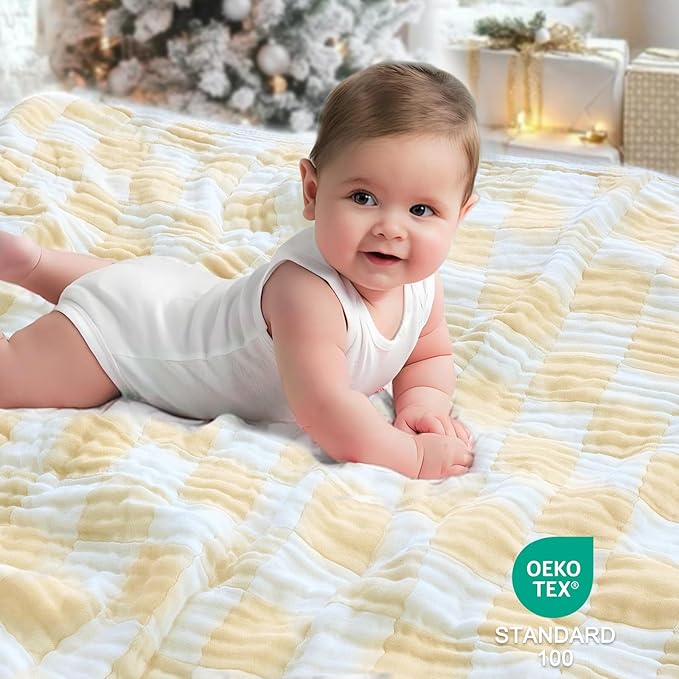 Muslin Swaddle Blankets, Checkered Receiving Blankets for Baby Boys and Girls, 43 x 43 Inches Baby Swaddle Neutral Wrap 70% Cotton and 30% Rayon Khaki