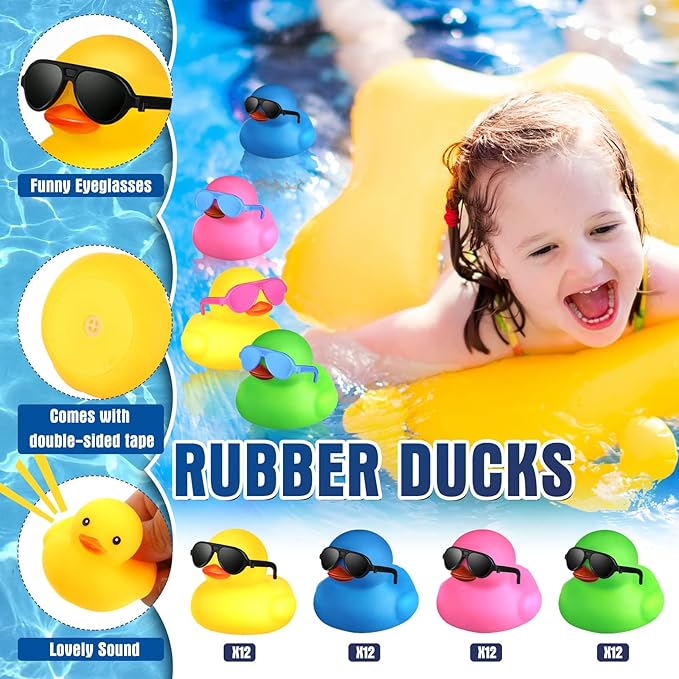 Chivao 48 Pcs Mini Rubber Ducks with Sunglasses in Bulk Small Duck Gift Bathtub Toys for Holiday Cruise Birthday Party Favor(Mixed Color)