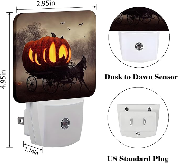 Halloween Pumpkin Carriage Night Light,Plug Into Wall with Dusk to Dawn Light Sensors, Warm Nightlights for Bedroom, Bathroom, Hallway, Kitchen, Gifts Ideal for Boys Girls Women Men