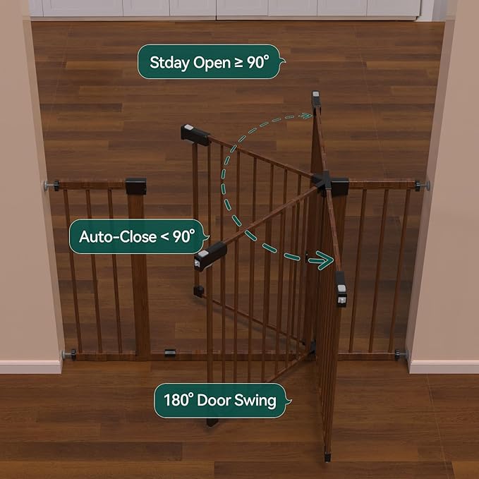 BABELIO Baby Gate with Black Wood Pattern, 29-48 Inch Auto Close Dog Gate PressGuard P7 for The House, Stairs and Doorways, Pressure Mounted Pet Gate with Door and Y Spindle Rods