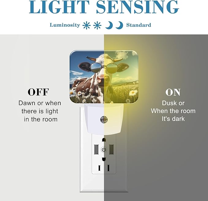 Cool Cow with Sunglasses Plug in Night Lights, Cute Cow Nightlight Plug Into Wall Dusk to Dawn Sensor for Kid Girls Boys Women Men Bedroom, Hallway, Kitchen, Bathroom, Stairs Decor
