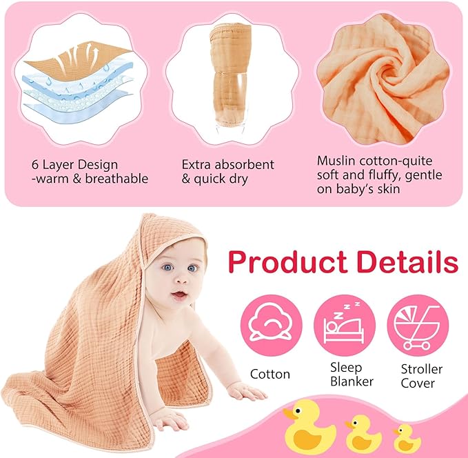 Peryiter 6 Pcs Muslin Hooded Baby Towels, 32"x 32" Cotton Newborn Bath Towel Muslin Infant Baby Blankets Absorbent Unisex Newborn Registry Gift Essentials for Girls Boys (Purple)