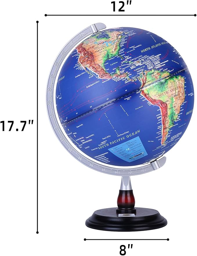 12” Raised Relief World Globe with LED Light, Desk Globe with Wood Base & Metal Meridian,Educational Geography Tool for Students, Teachers & Office Decor(Blue, 12 Inch)