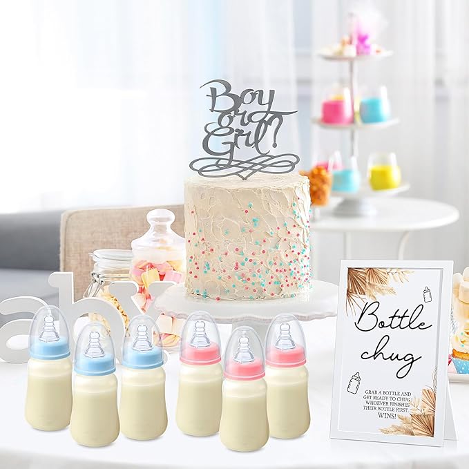 Roowest Bottle Chug Baby Shower Game Favors Including Boho Theme Wooden Sign and 18 Pcs Baby Bottles for Gender Reveal Party Supplies