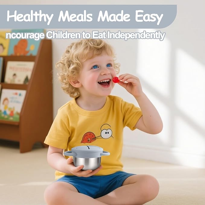 2-Pack Stainless Steel Snack Containers for Kids with Spill-Proof Silicone Lids & Handles - 3-in-1 Baby Snack Cups, No-Spill Toddler Snack Box, Perfect for On-the-Go Healthy Eating（Grey+Grey Purple）