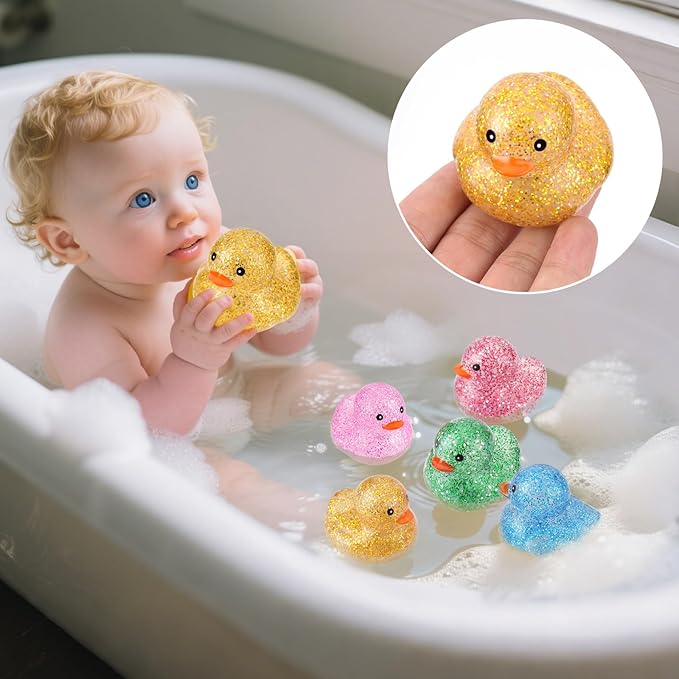 25Pcs Mini Glitter Rubber Ducks Bath Toys, Bathtub Floating Squeaky Duck Bulk Baby Preschool Bath Toy for Baby Shower Infants Kids Toddler Birthday Party Decoration Gift (Large)
