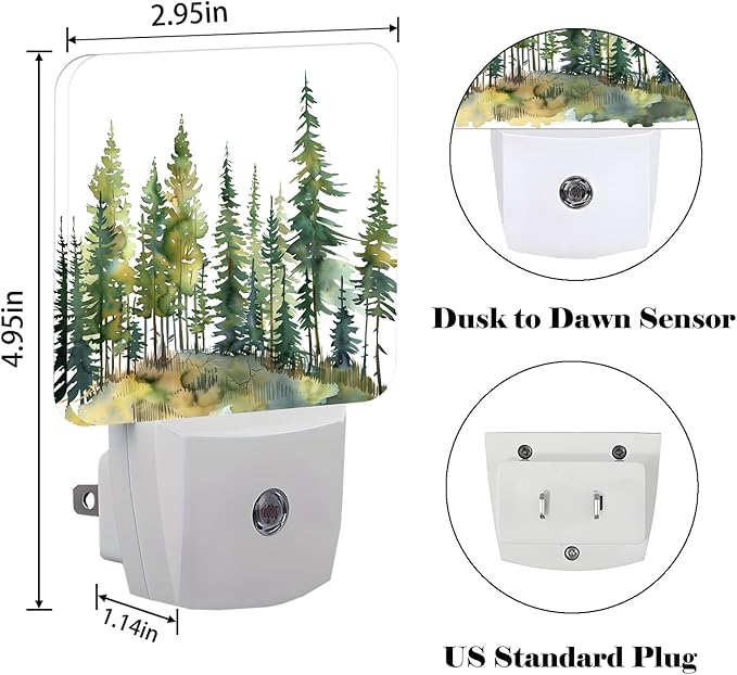 Watercolor Forest Night Light,Plug Into Wall Decor for Stairway,Hallway,Kitchen,Dusk to Dawn Sensor Nightlights for Boys/Girls/Women/Men Room Gifts