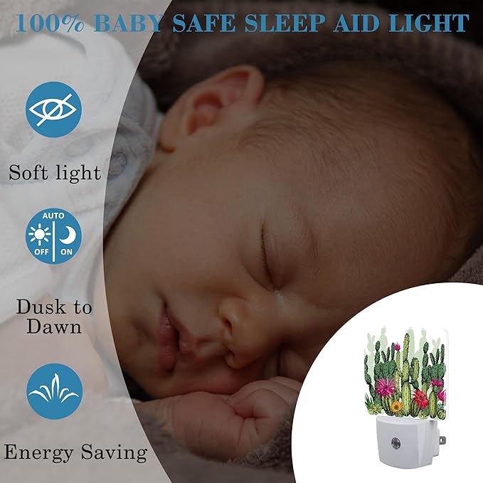 Green Succulents and Cactus Plants Night Light Plug into Wall with Dusk to Dawn Sensor Cute Nightlight for Kid Girls Boys Women Men Room Decor, Hallway, Kitchen, Bathroom, Nursery, Stairs