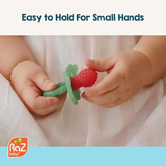 RaZbaby RaZberry Silicone Teether Pacifier – Teething Relief for Infants, Food-Grade, Hands & BPA Free, Natural Berrybumps Fruit Texture for Sensory Development, Freezable, 2-Pack - Dark & Light Blue