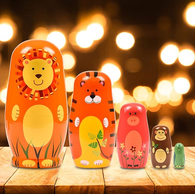 Russian Nesting Dolls, 5 Pcs 6 "Tall Animal Nesting Easter Eggs Toys, Stacking Wooden Handmade Matryoshka Dolls for Kids Toddlers Birthday or Home Decoration Gift (Round Lion)