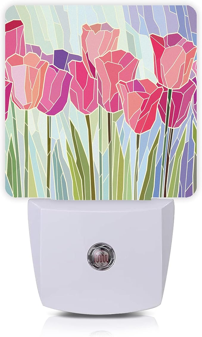 Pink Tulip Flowers Night Light Plug-in LED Nightlights Auto Sensor Night Lamp Dusk-to-Dawn Lamp Home Decor for Nursery Children Girls Boys